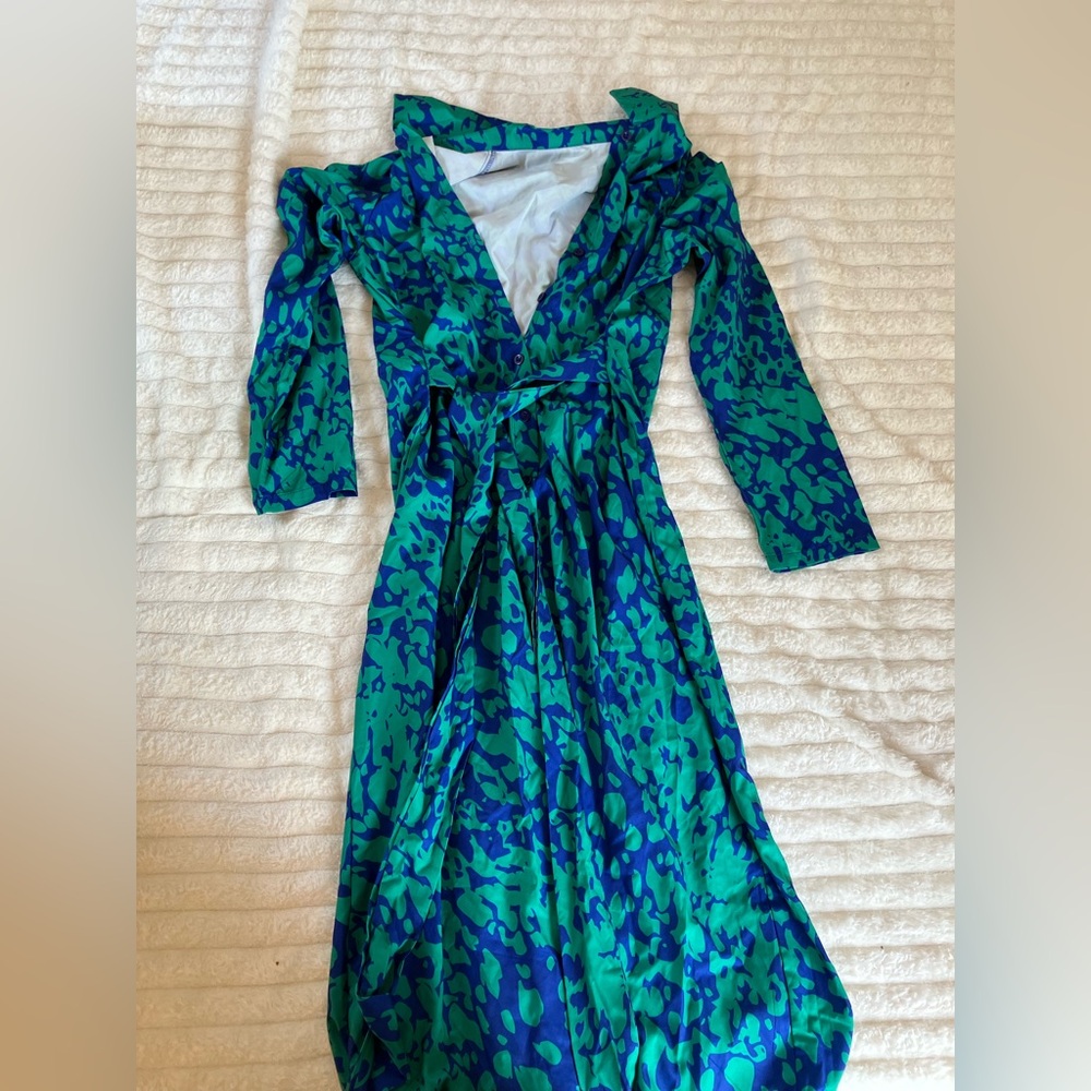 Floral forest pattern teal green and blue long sleeve maxi dress